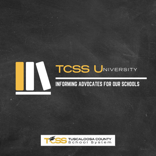 Blackboard background with three books. Text: TCSS University, Informing Advocates for Our Schools. Blackboard background with three books. Text: TCSS University, Informing Advocates for Our Schools.
